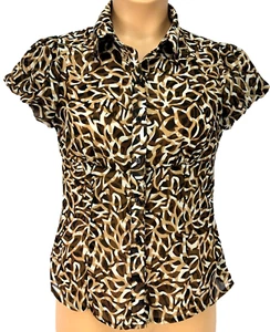 B WORKS Byer California Sheer \Blouse/Shirt Size L Short Sleeves Ivory/Brown/Tan - Picture 1 of 10
