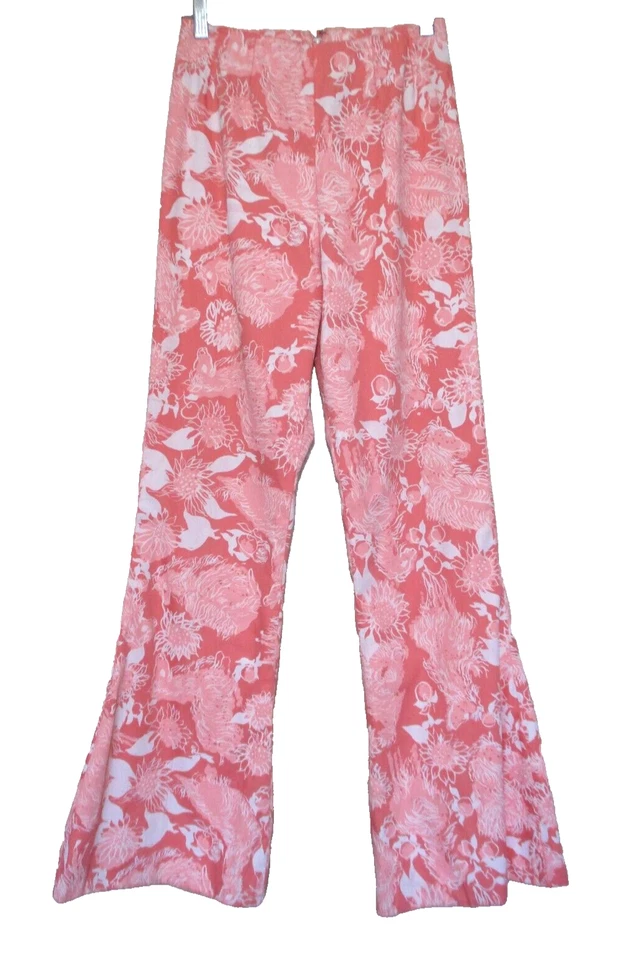 Calça Bell Bottoms Vintage Anos 1960/70 Tamanho XS Feminina 24" Cintura Rosa Estampa Branca - Imagem 1 de 4