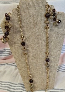 Vtg Gold Toned Brown Glass & Acrylic Costume Necklace, Bracelet and Earring Set - Picture 1 of 12