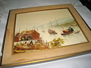 Pintura al óleo original lienzo enmarcado s/Henry Anin Oriental Harbor Junkers 16/19,5 - Imagen 1 de 12
