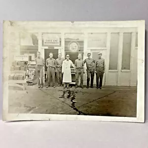 Vintage Found Photo Unknown Gas Station With Service Attendants Batteries Signs - Picture 1 of 6