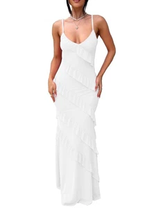 Damen Sexy V Ausschnitt Rückenfrei Bodycon Spaghettiträger Elegant Rüschen Maxi Cock... - Bild 1 von 5