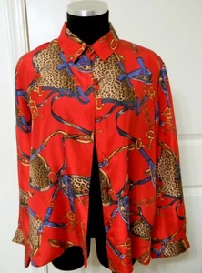 Bedford Fair Lifestyles Women's Red Equestrian Designs 100% Silk Blouse Size LP - Picture 1 of 5