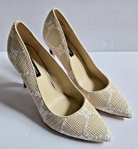 NINE WEST WOMEN'S TATIANA POINTY TOE PUMPS BEIGE WHITE EMBROIDERED SIZE7.5 M NEW - Picture 1 of 14