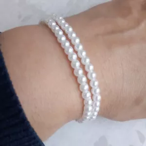 Set of 2 FAUX PEARL Beaded Bridal bracelets StretchSkinny Thin 4mm wide Elegant - Picture 1 of 9