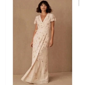 NWT BHLDN Plymouth Wrap Dress OYSTER Maxi Wedding Anthropologie Beaded Sz 0 - Picture 1 of 10