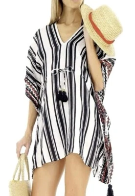 NUEVO TORY BURCH AUDAZ TOLDO RAYAS CAFTÁN PLAYA ENCUBRIMIENTO TORY AZUL MARINO BLANCO TALLA XS/S Foto 1 de 4