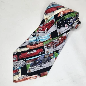 Vintage 90s Nicole Miller Silk Tie Classic Cars Whimsical Colorful - Picture 1 of 7