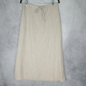 LL Bean Skirt Womens 10 Petite Beige Linen Midi A Line Tie Waist Pockets Summer - Picture 1 of 18