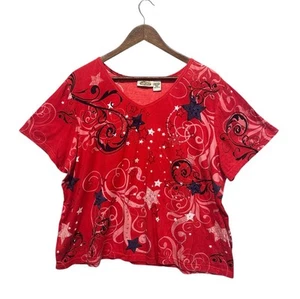 Women’s Size XXL Short Sleeve Red White Blue 4th Of July Top V-neck Sequined 2XL - Picture 1 of 9