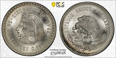 1948 Mexico 5 Pesos Cuauhtemoc - PCGS MS67 - Image 1 of 4