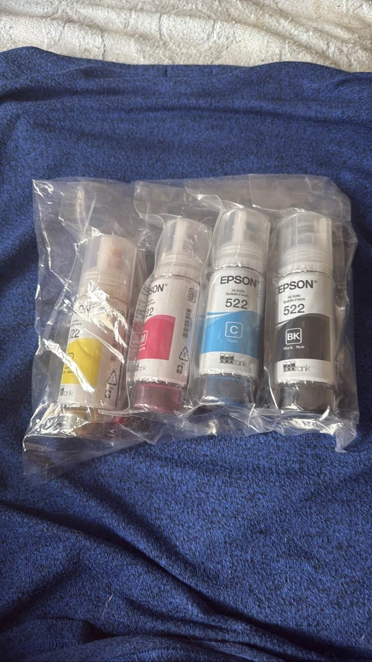 Paquete de 4 botellas de tinta Epson 522 EcoTank amarillo cian magenta negro sellado Foto 1 de 1
