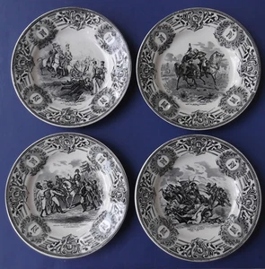 Cuatro platos de transferencia negros de 8" de Boch Freres con escenas de batalla de Napoleón - Imagen 1 de 7