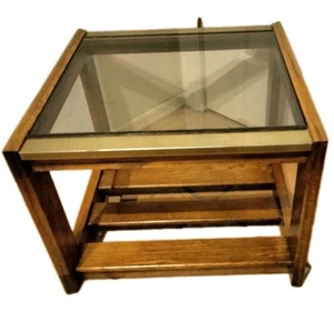 VINTAGE RETRO MID CENTURY POSTMODERN CUBE SQUARE ACCENT TABLE AMBER GLASS TOP - Picture 1 of 10