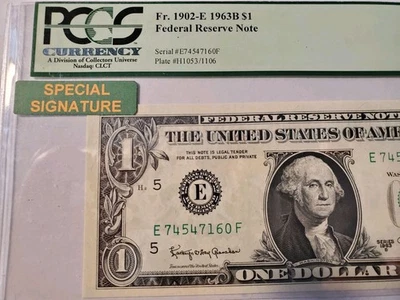 $1- 1963-B Joseph BARR NOTE Fr. 1902-E PCGS Gem New 66PPQ GEM NEW - Image 1 of 4