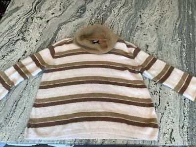 Suéter de cuello alto cuadrado de felpa a rayas marfil tostado Lands End para mujer XL 18 Foto 1 de 4