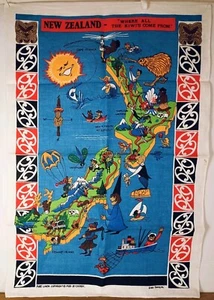 1983 Pure Linen Tea Towel New Zealand Souvenir Map Comical By Derek Unused EXC - Picture 1 of 15