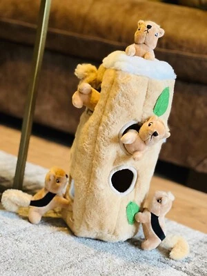Plush Interactive Squirrel Dog Toy Log Tree Trunk With 5 squeaky toy squirrels - Image 1 of 4