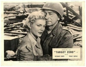 Target Zero Original Lobby Card Richard Conte Peggy Castle embracing at front