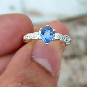 Original Ceylon Blue Sapphire Ring Chritmas Ring With White Zircons Silver 925 - Picture 1 of 3