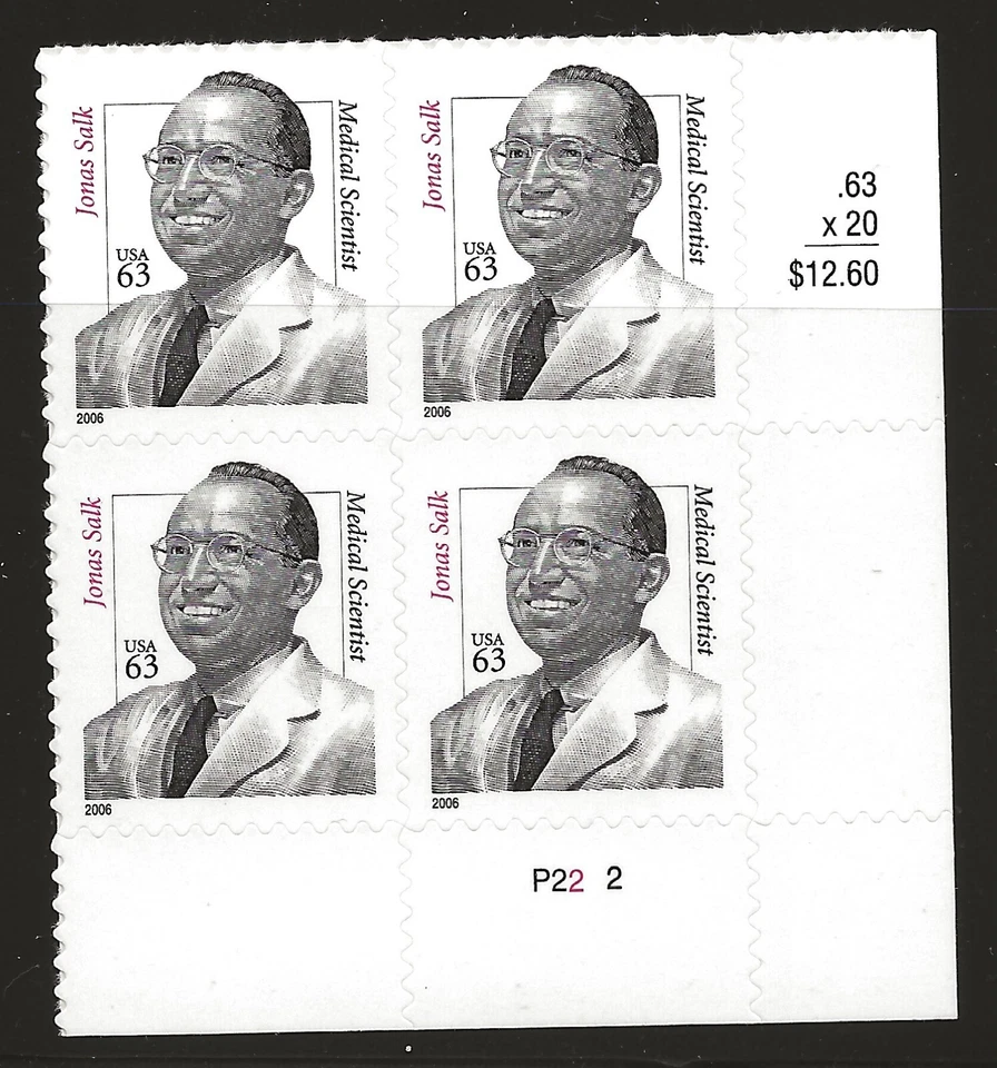US Scott #3428, Plate Block #P2222 2006 Salk 63c VF MNH Lower Right - Image 1 of 1