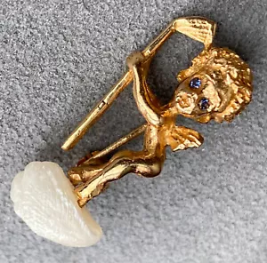 Ruser Monday's Child 14K Yellow Gold Sapphire Pearl Golf Angel Boy Pin Pendant - Picture 1 of 12