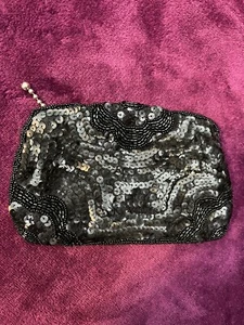 Vintage Black Sequin and Beaded Small Cosmetic Purse Bag With Mirror - Picture 1 of 14