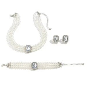 Necklace 3Pcs Combo Multilayer Pearl Beads with Crystal Latest Stylish design - Picture 1 of 6