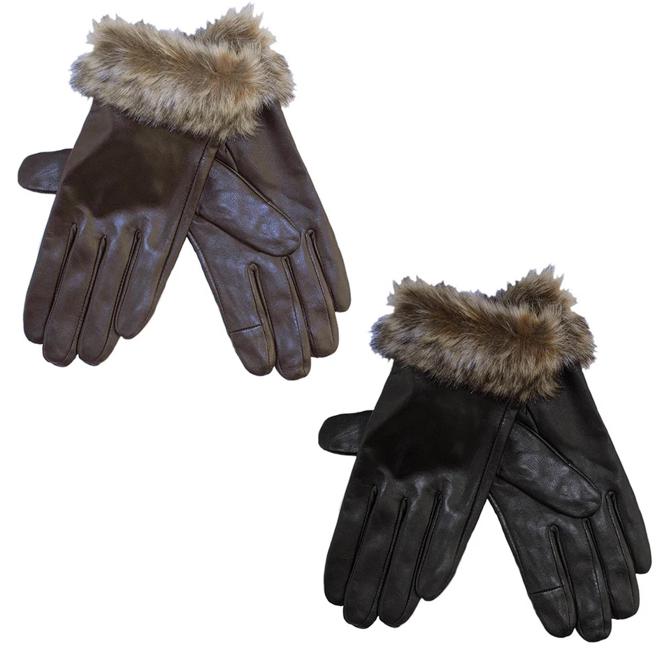 Ladies Leather Touch Screen Gloves Women Winter Fleece Lined Outdoor Fur Trim GL - Image 1 of 1