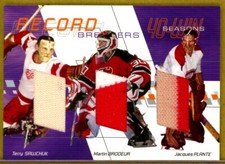 2001-02 Between the Pipes Record Breakers #RB2 Sawchuk/Brodeur/Plante JERSEY /50