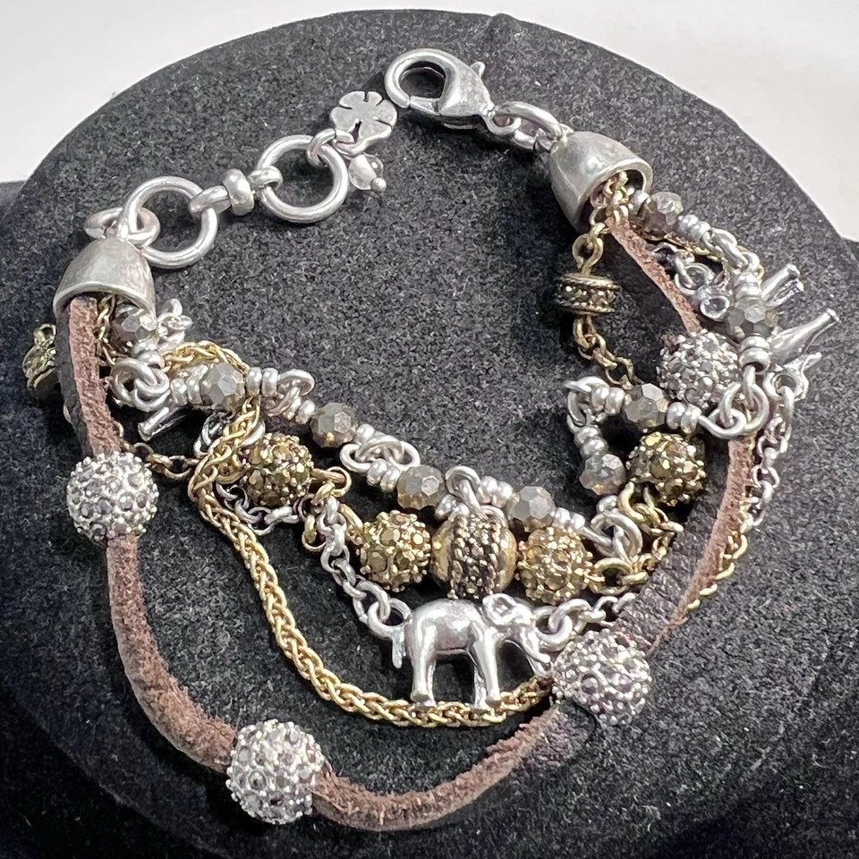 Lucky Brand Silver Tone Bead Brown Leather Multi Row Elephant Bracelet - Imagem 1 de 3