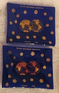 Pair 1955 Rotary Golden Anniversary Convention Chicago Blue Glass Pin Coin Dish - Picture 1 of 5