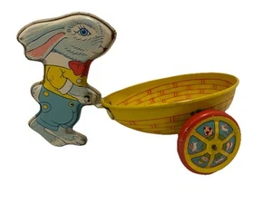 Vintage 1940s J Chein and Company Easter Bunny Pulling Egg Cart Tin Toy - Imagen 1 de 5