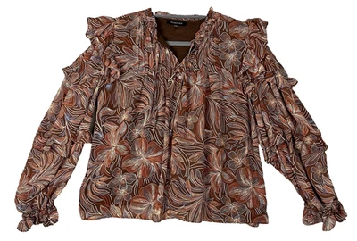 Olivaceous Blouse Womens XL Long Balloon Layered Sleeves V Neck Buttons Ruffles - Image 1 of 4