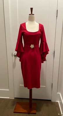 Cinturón Floral Manga Cascada Cuello Redondo Columna Vestido Bufón Rojo Talla 4 Foto 1 de 4