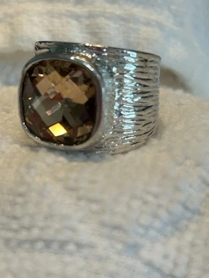 Lia Sophia “Peachy Keen” Ring w/Peach Crystal Stone Wide Textured Silver Band 6 - Image 1 of 4