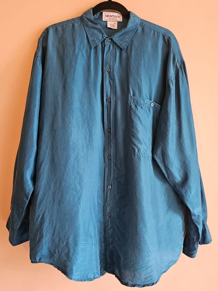 Montage Pour Home Silk Fuschia Mens M  Button Up Shirt, teal vintage - Image 1 of 3