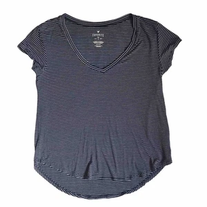 T-shirt American Eagle Favorite blu bianca a righe taglia small scollo a V AEO - Foto 1 di 6