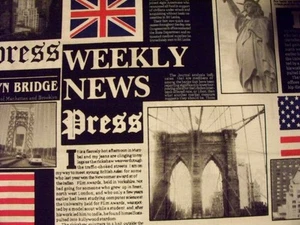LONDON NEWSPAPER WEEKLY NEWS UK USA FLAG NEWSPRINT COTTON FABRIC FQ - Picture 1 of 4