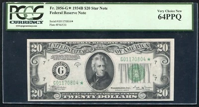 FR. 2056-G* 1934-B $20 *STAR* FRN FEDERAL RESERVE NOTE PCGS UNC-64PPQ - Image 1 of 2