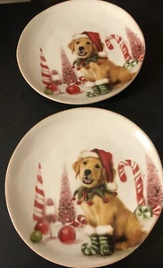 Southern Living Christmas Puppies Golden Retriever Accent Plates, Set of 2 New. - Picture 1 of 14