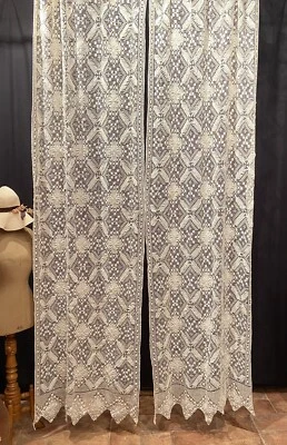 Antiche Coppia Tende Filet A Mano Perfetto Stato  Cm280x100 Ogni Pannello - Immagine 1 di 4