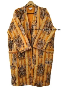 Indian Tibetan Tiger Print Yellow Kantha Quilt Jacket Front Open Wear Mid-length - Picture 1 of 6
