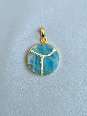 AQUAMARINE NECKLACE KINTSUGI Initial Necklace Gold Engraved Gold Plated Chain - Image 1 of 4