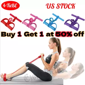4-Tube Foot Pedal Resistance Band Body Stretch Pull Rope Fitness Yoga Exercise - Picture 1 of 19