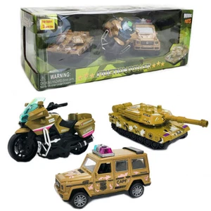 3 Pack Kids Pull Back Military Vehicles Set Toy Gift With Tank Truck Motorcycle - Picture 1 of 22