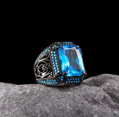 Sterling Silver Mens Ring Sky Blue Topaz Statement Ring Solid Turkish Jewelry - Image 1 of 3
