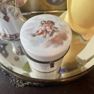 Vintage German Angel Putti Porcelain Powder Jar Hand Painted Cherubs Germany - Picture 1 of 12