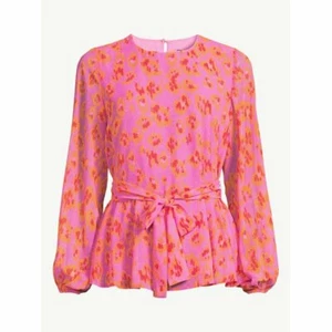 Scoop Women's XS 0-2 Long Sleeve Crew Neck Blouse with Tie at Waist Color:Pink - Picture 1 of 5