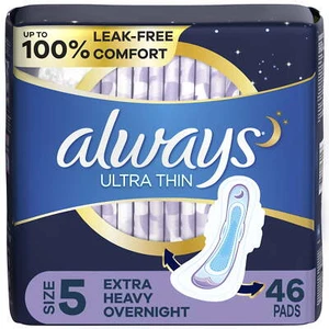 Always Ultra-Thin Overnight Pads with Wings, Size 5, Overnight, 46 Count - Picture 1 of 5